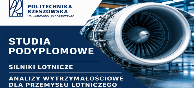 Reklamówka studiów podylomowych z nazwą studiów, logiem PRz i widokiem silnika