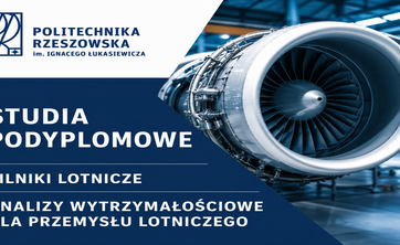 Reklamówka studiów podylomowych z nazwą studiów, logiem PRz i widokiem silnika